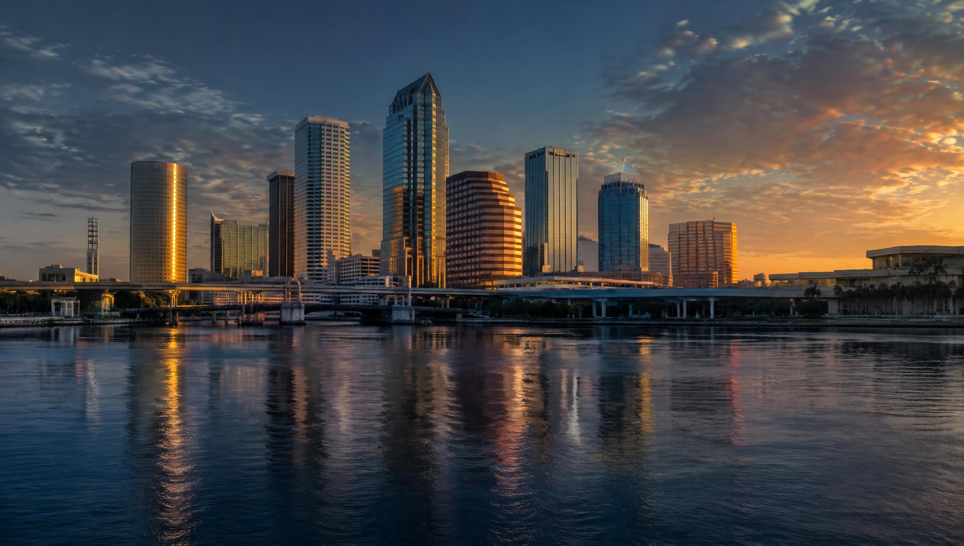 Tampa skyline at dawn across the Hillsborough River